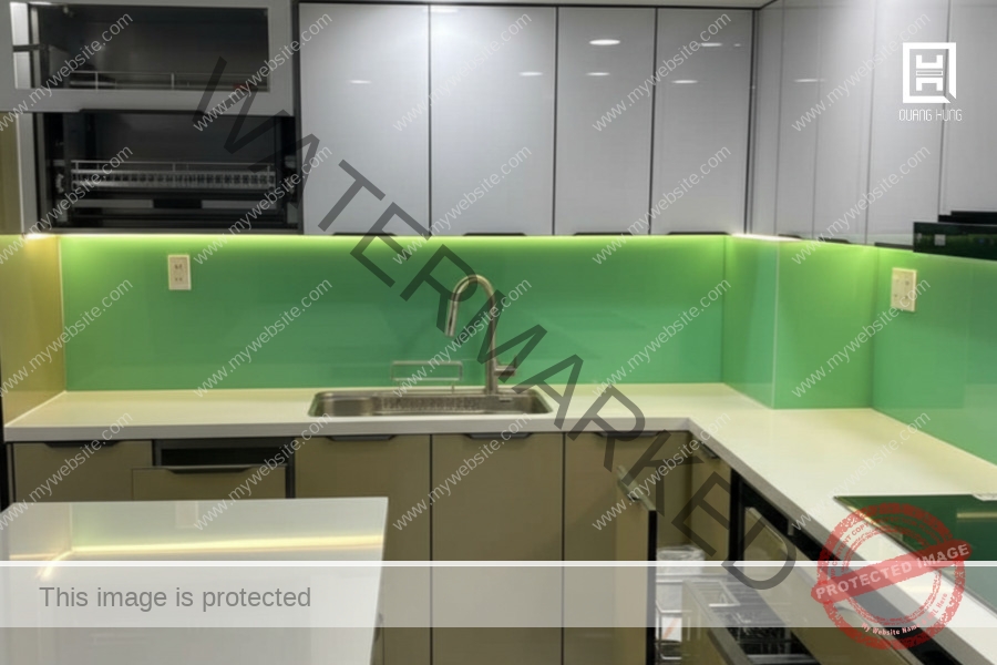 Hệ tủ bếp inox cánh kính tone màu xám đẹp