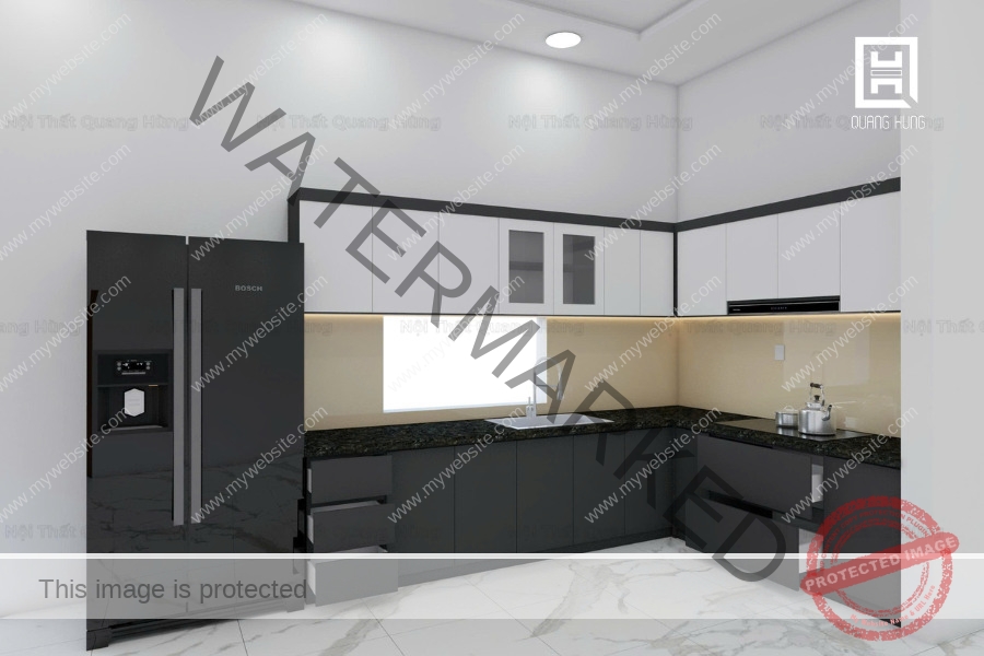 Tủ bếp chữ L với 2 tone màu tương phản