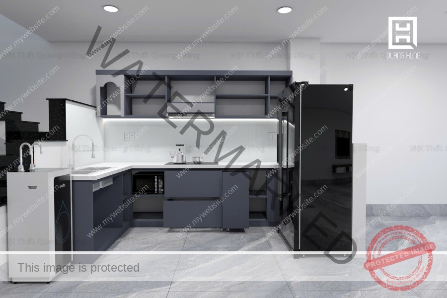 Tủ bếp chữ L tiện nghi cho nhà phố