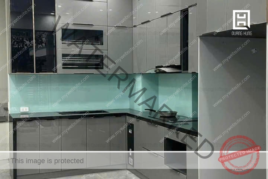Hệ tủ bếp inox cánh kính màu xám hiện đại