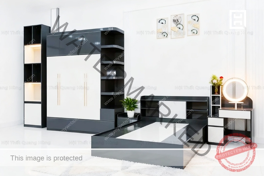 Tủ quần áo gắn liền giường ngủ và kệ trang trí