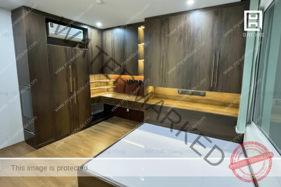 Thực tế phòng ngủ màu nâu giống bản vẽ thiết kế đến 90% do Quang Hùng thi công