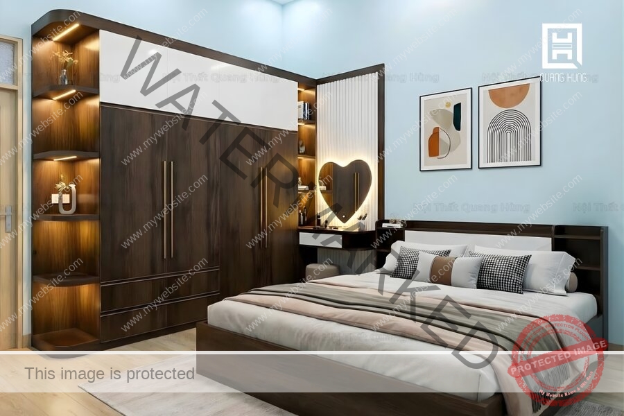 Thiết kế nội thất phòng ngủ cho nữ tone màu nâu phối trắng