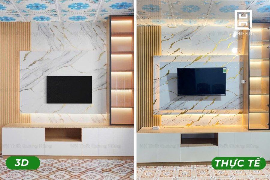 Thực tế kệ tivi sau khi thi công giống bản vẽ 3D đến 90%