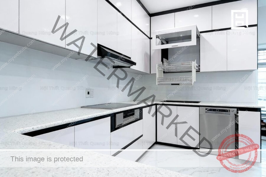 Hệ tủ bếp chữ U cánh Acrylic sáng bóng