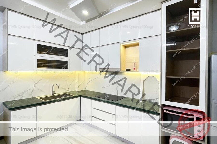 Tủ bếp chữ L màu trắng