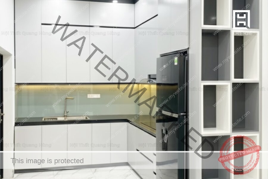 Hệ tủ bếp chữ L tích hợp thêm các thiết bị bếp hiện đại