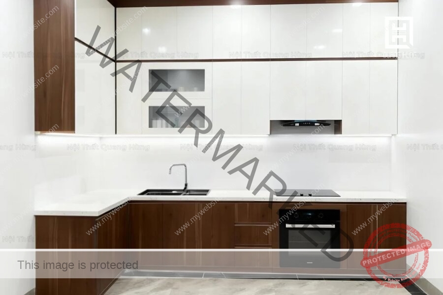 Hệ tủ bếp nhựa Ecoplast tone nâu kết hợp trắng