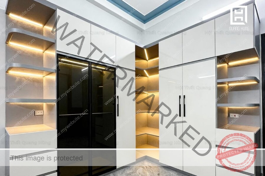 Thiết kế tủ quần áo chữ L tích hợp đèn LED