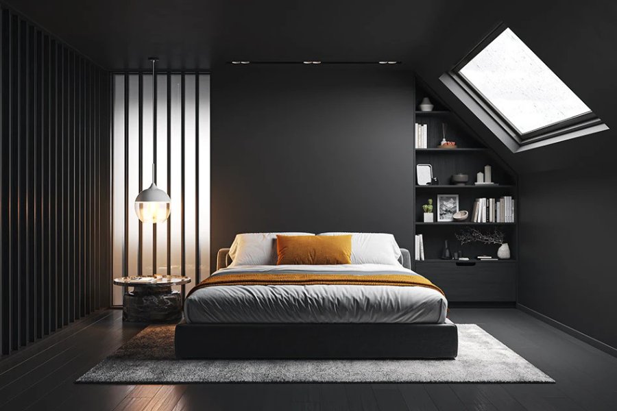 Phòng ngủ màu đen được thiết kế ở tầng áp mái