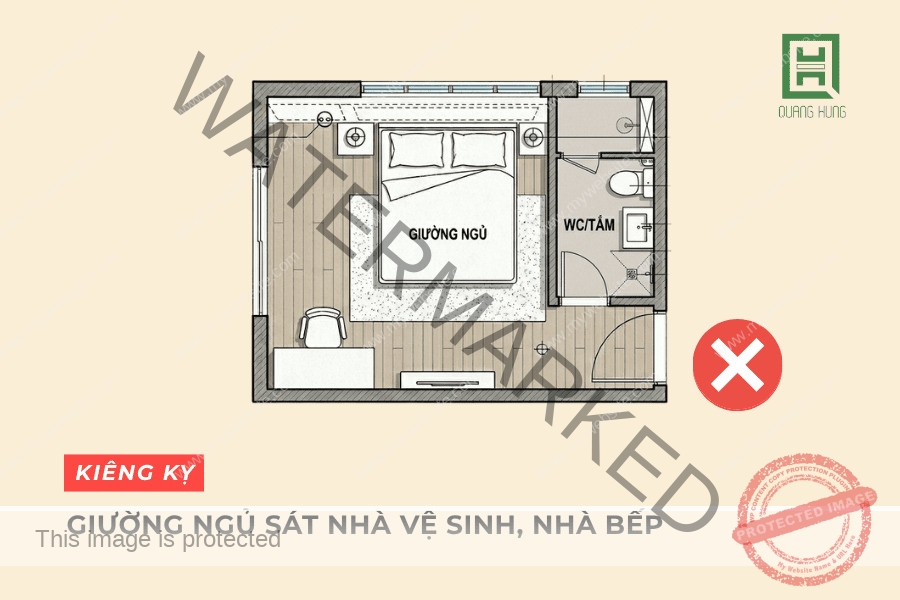 Không để đầu giường sát bếp hoặc WC