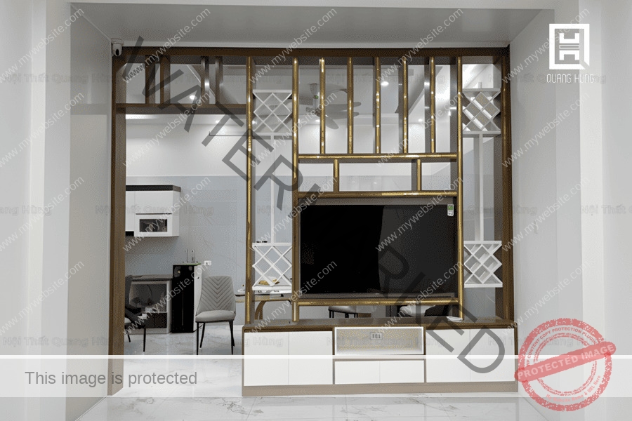 Thực tế kệ tủ tivi làm từ nhựa kết hợp inox mạ vàng đẹp 