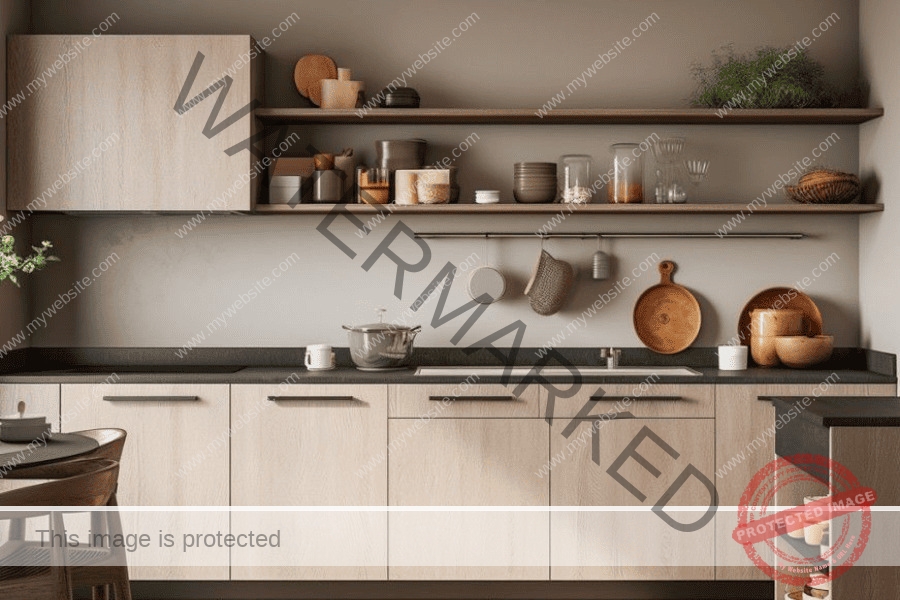 Mẫu tủ bếp với tủ trên làm nơi đặt kệ treo để đồ