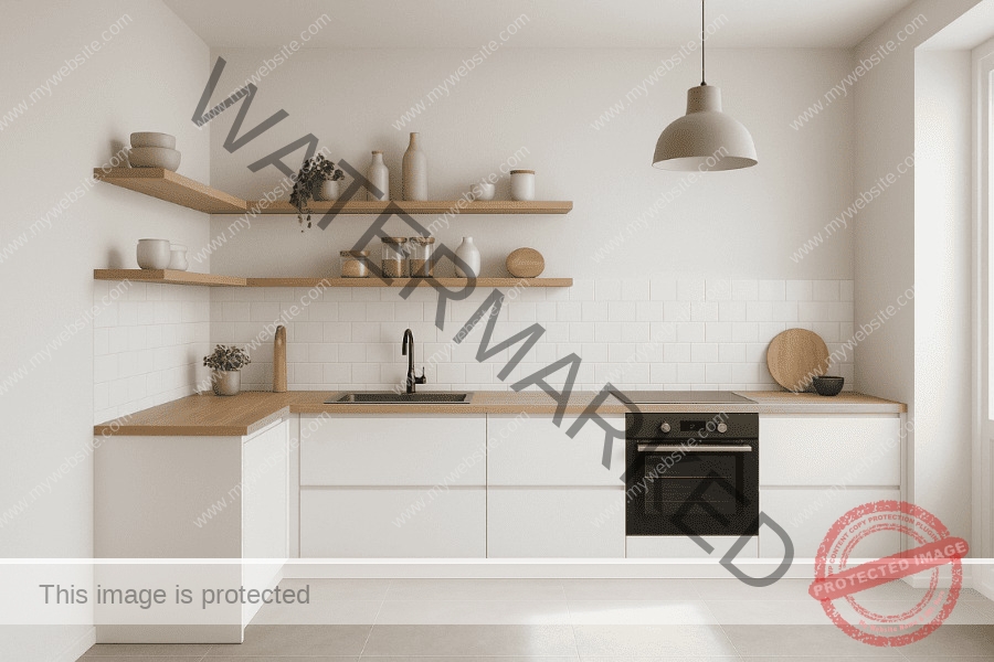 Thiết kế bếp không có tủ bếp trên màu trắng