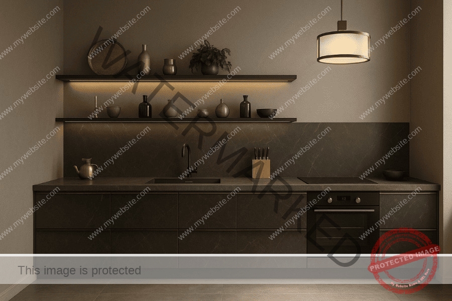Thiết kế bếp không có tủ trên với tone màu đen quyến rũ