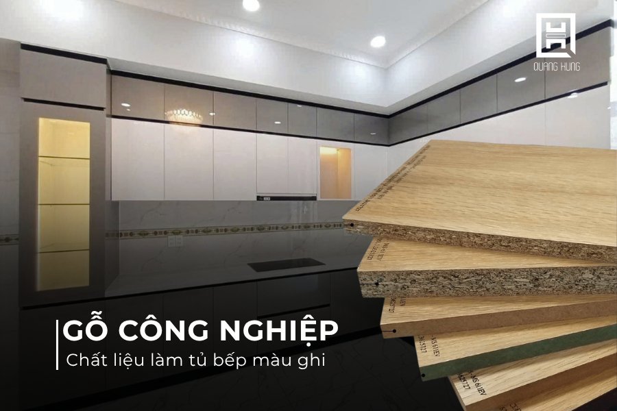 Tủ bếp màu ghi bằng gỗ công nghiệp