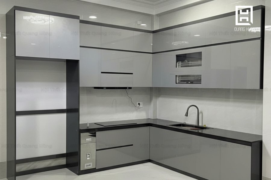 Tủ bếp màu ghi chữ L tiện nghi