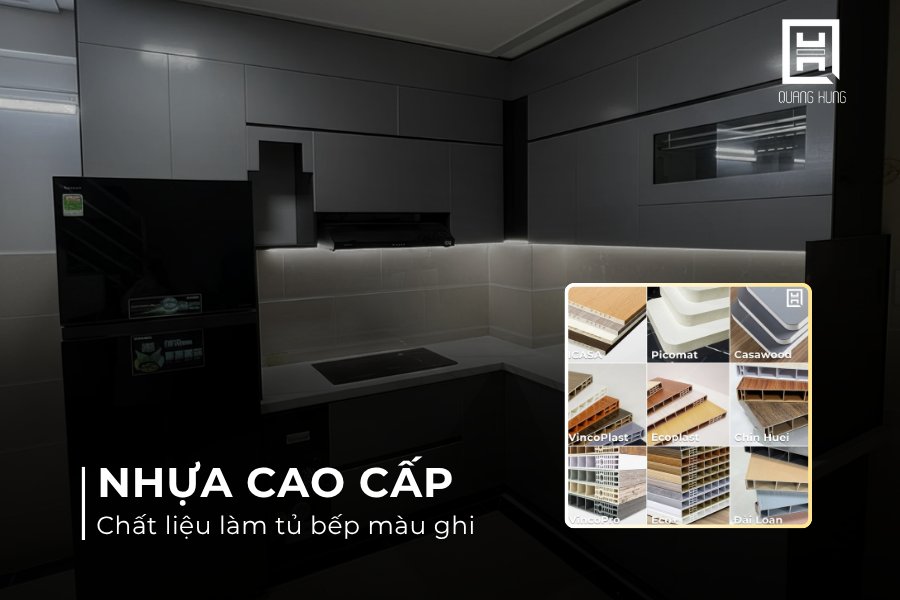 Tủ bếp màu ghi bằng nhựa cao cấp