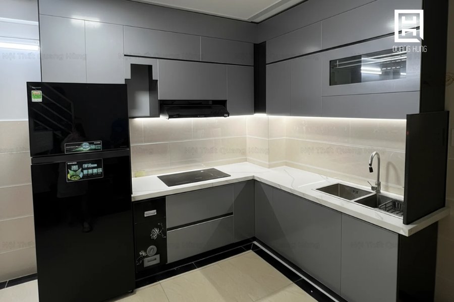 Thiết kế tủ bếp cao đụng trần giúp tối ưu diện tích phòng bếp