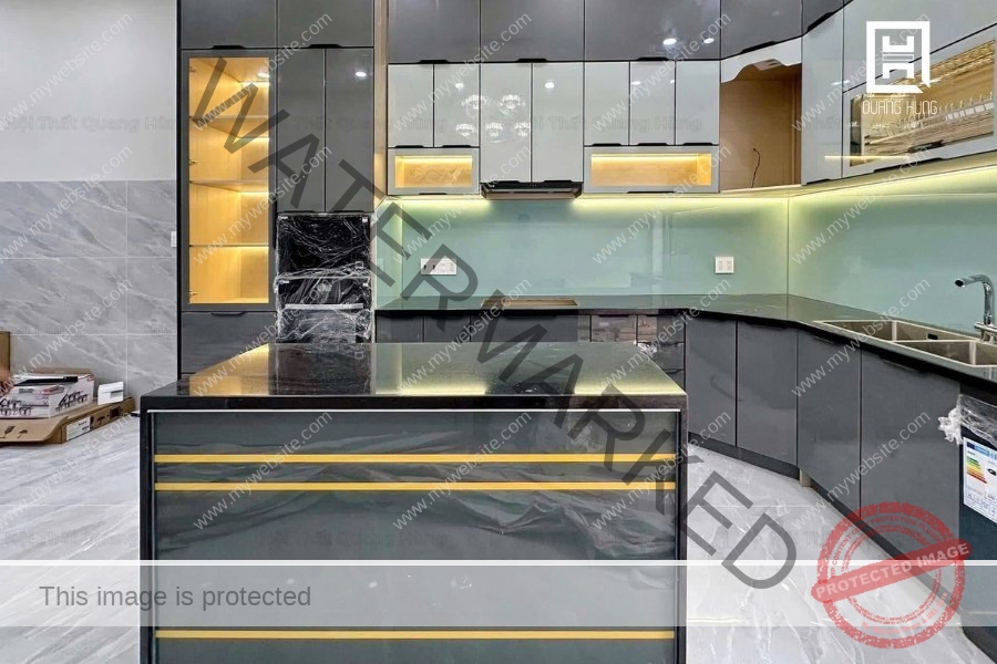 Tủ bếp nhựa Ecoplast cánh Acrylic kết hợp đảo bếp