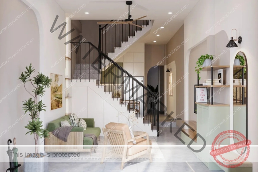 Thiết kế phòng khách nhà ống có cầu thang hiện đại 