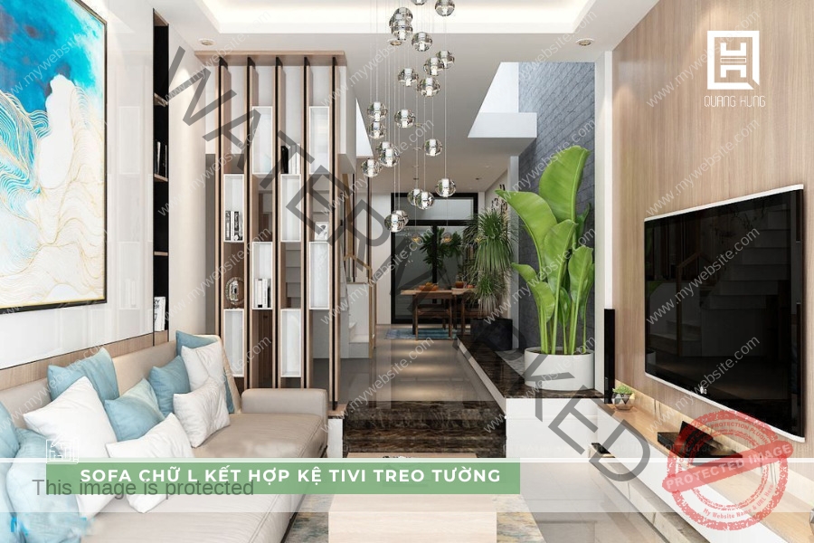 Bố trí sofa chữ L kết hợp tivi treo tường