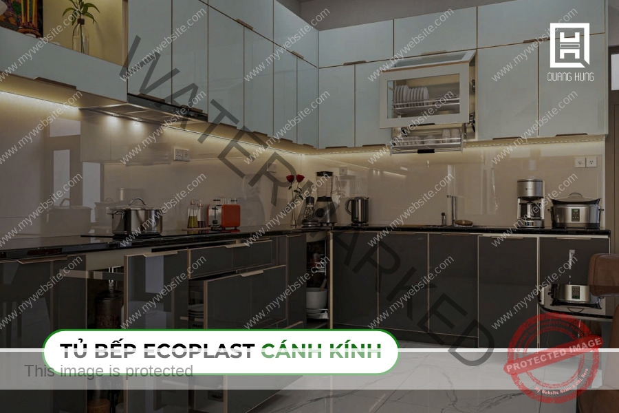 Mẫu tủ bếp Ecoplast hiện đại cánh kính