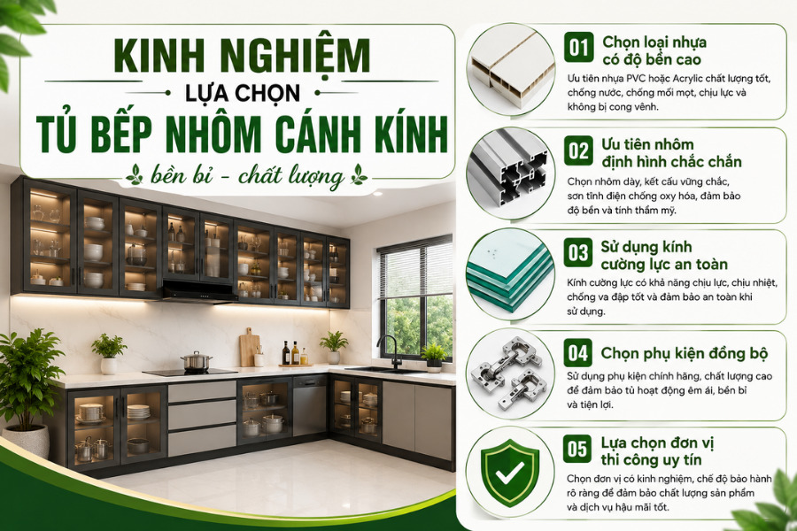 Kinh nghiệm lựa chọn tủ bếp nhựa khung nhôm cánh kính chất lượng